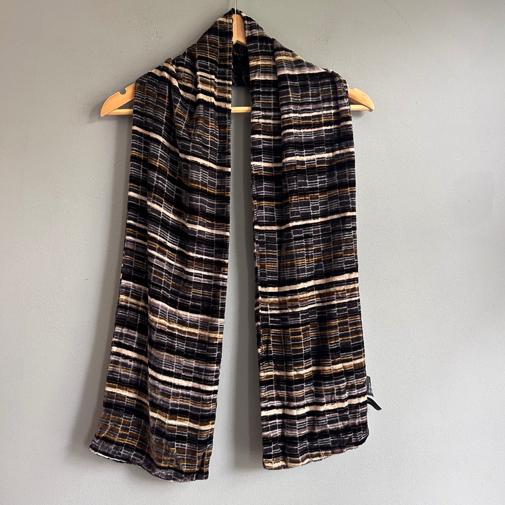 Kenneth Cole New York Silk Blend Burnout Velvet Scarf Striped Brown Black 60x8
